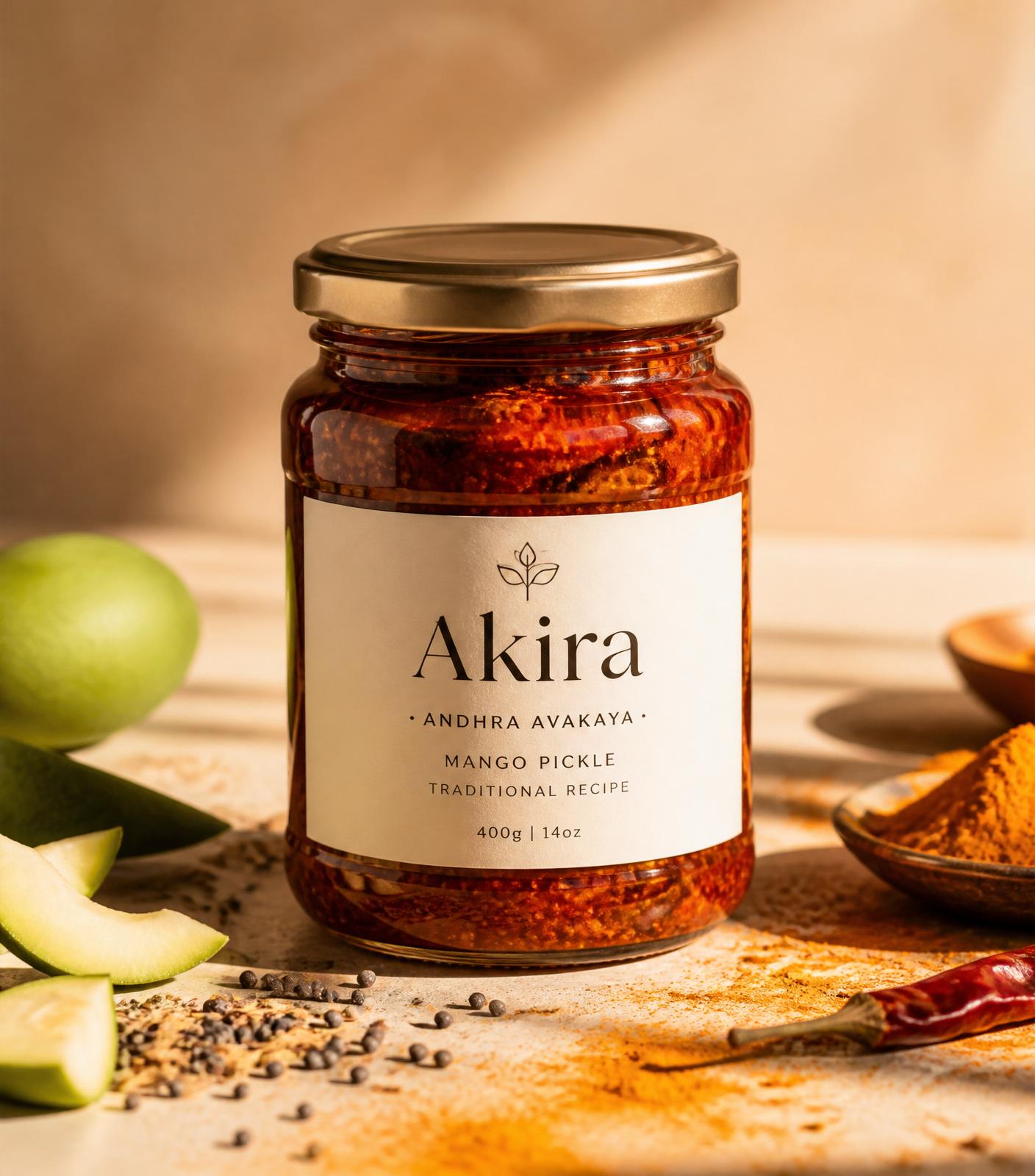 Akira Andhra Avakaya mango pickle jar with turmeric and green mango